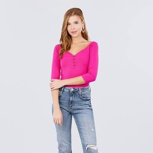 3/4 Short Sleeve Button Down Detail Top